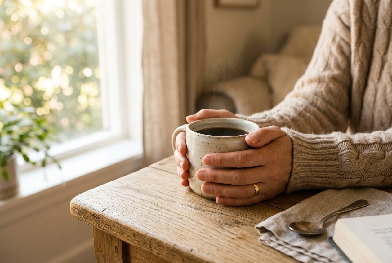 Hände um eine warme Kaffeetasse am Fenster im Morgenlicht