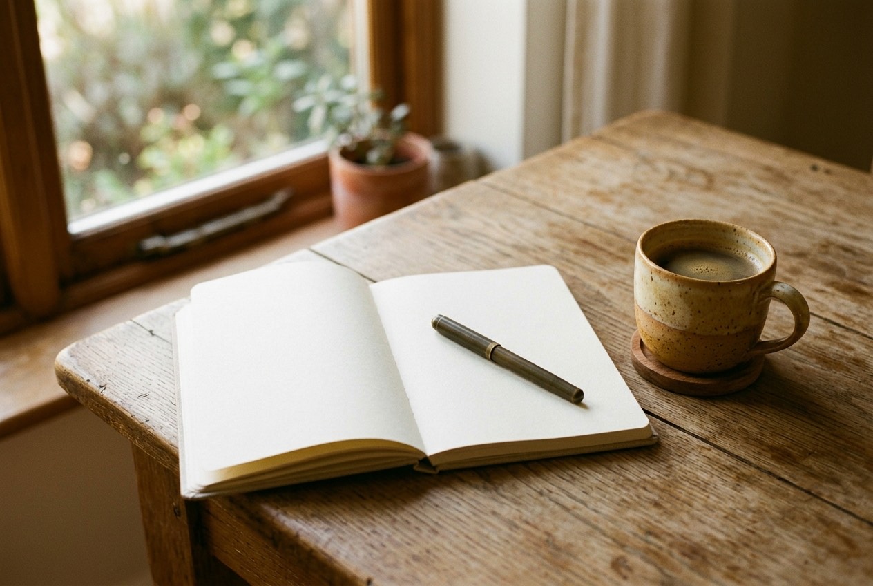 Aufgeschlagenes Notizbuch mit Stift und einer Tasse Kaffee am Fenster